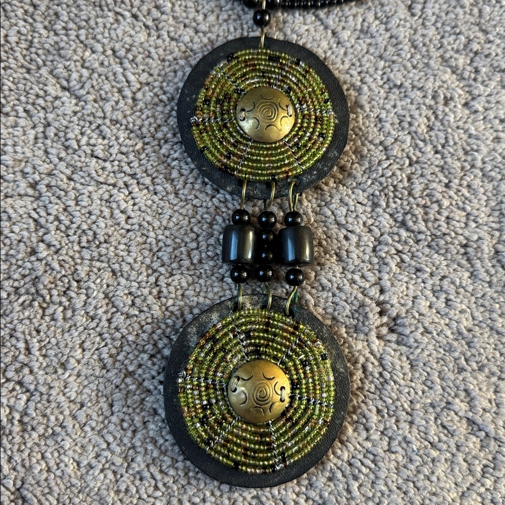 African Maasai Beaded Leather Statement Necklace Black Gold Tribal Pendant - Picture 2 of 4